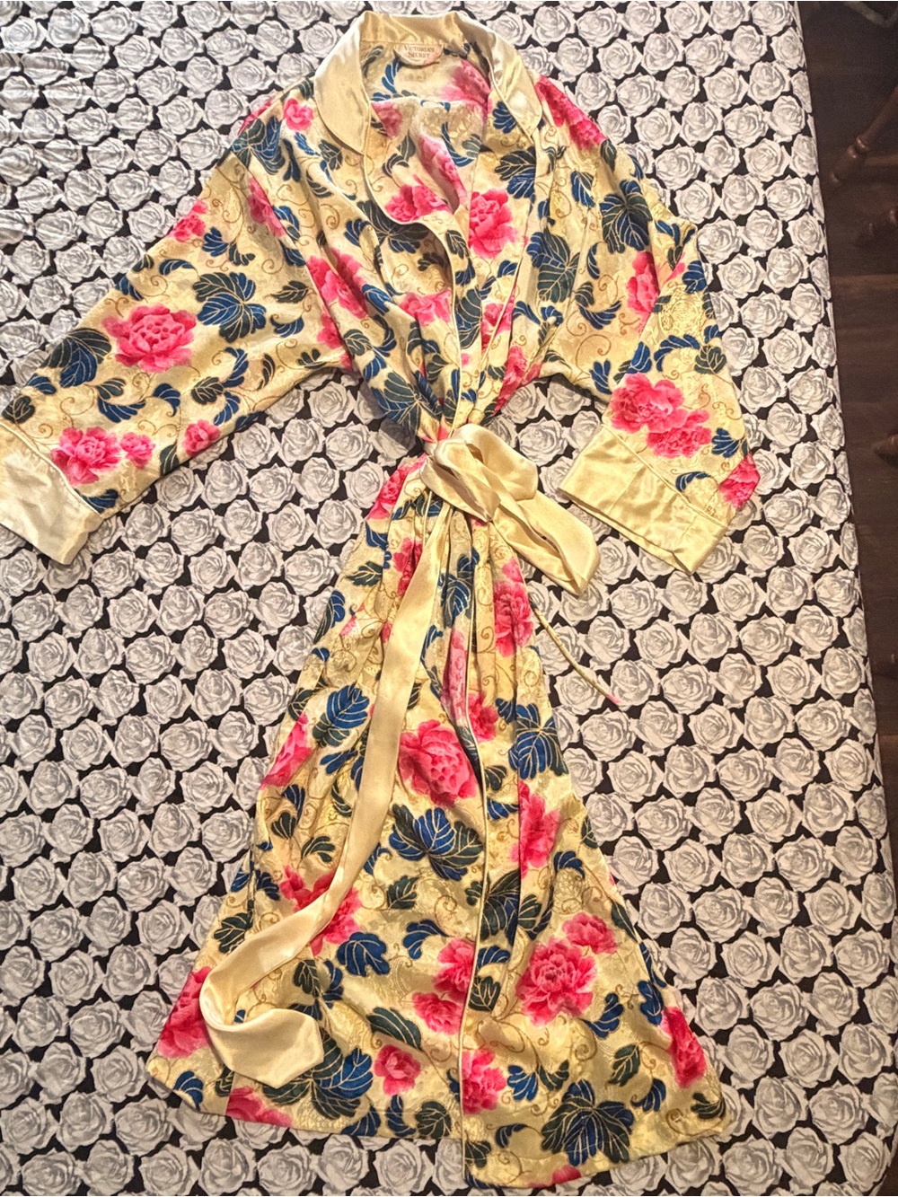 Victoria's Secret Robe Gold Label Vtg 80s 90s Liquid Satin Floral Damask M L